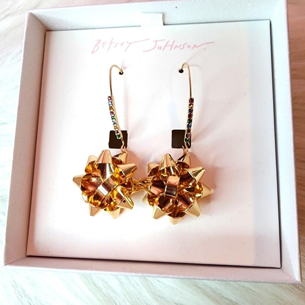 Betsey Johnson Gold Bow Dangle Earrings.